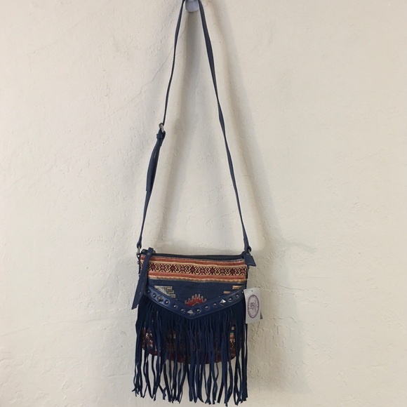 Sharif Moroccan Suede Fringe Leather Crossbody Bag NEW Blue Western Aztec Boho - Picture 2 of 13